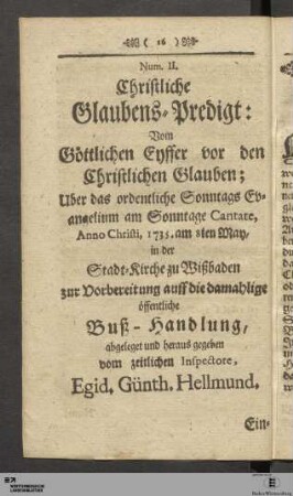 Num. II. Christliche Glaubens-Predigt: Vom Göttlichen Eyffer vor den Christlichen Glauben