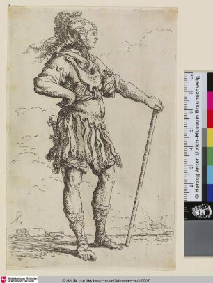 [A standing warrior in vaguely antique armor, holding a staff; Ein stehender Krieger in antiker Rüstung, der einen Stab hält]