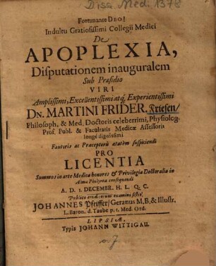 De Apoplexia, Disputationem inauguralem