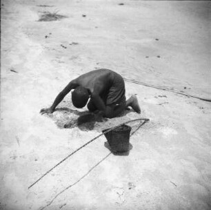 Am Strand bei Bata : Aufnahme eines Jungen, der an einem Strand bei Bata nach kleinen Muscheln und Krebsen sucht.