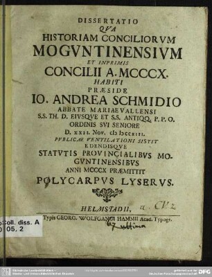 Dissertatio Qua Historiam Conciliorum Moguntinensium Et Inprimis Concilii A. MCCCX. Habiti