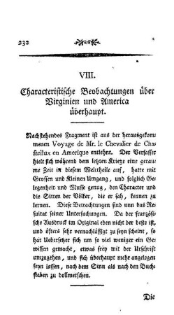 VIII. Characteristische Beobachtungen über Virginien und America überhaupt.