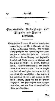 VIII. Characteristische Beobachtungen über Virginien und America überhaupt.