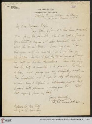 Briefe von William Wallace Campbell an Max Wolf: Brief von William Wallace Campbell an Max Wolf