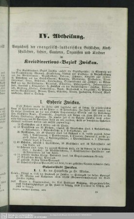 IV. Abtheilung. Verzeichniß der evangelisch-lutherischen Geistlichen, Kirchschullehrer, Lehrer, Cantoren, Organisten und Kirchner im Kreisdirections-Bezirk Zwickau