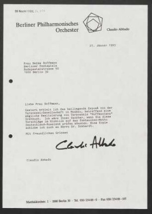 Brief an Heike Hoffmann an Berliner Festspiele, 27.01.1993