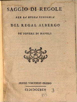 Saggio di regole per la buona economia del Regal Alberga de'poveri di Napoli