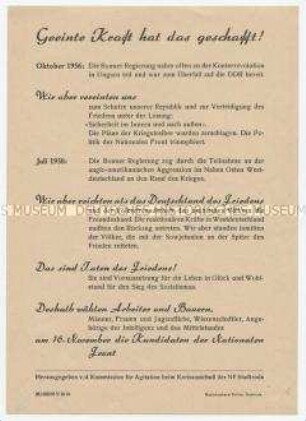 Flugblatt der Nationalen Front zur Volkskammerwahl, für Sieg des Sozialismus nach Niederschlagung des Ungarn-Aufstands und Solidarität mit arabischen Völkern