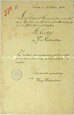Handschriftlicher Befehl des Armeeoberkommandos zur Festlegung des Umtauschkurses für Rubel (polnisch, deutsch)