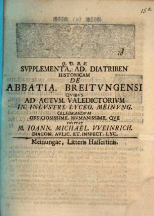Supplementa ad Diatriben historicam de abbatia Breitvngensi