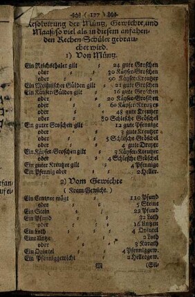 Resolvirung der Müntz, Gewichte und Maaß/ so viel als in diesem anfahenden Rechen-Schüler gebrauchet wird.