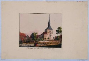 Die Alte Pfarrkirche in Dresden-Leuben, 1512 gebaut, 1901 für Himmelfahrtskirche abgetragen, an der Pirnaer Landstraße, Teil einer von L. Schmidt lithographierten, kolorierten Serie von Kirchen