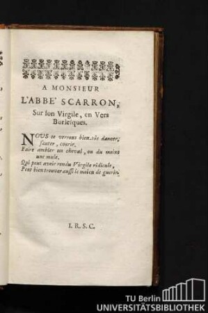 A Monsieur L'Abbe' Scarron, Sur fon Virgile, en Vers Burlesques.