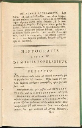 Hippocratis Liber IV. De Morbis Popularibus
