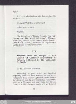 XIX Mazbata From The Medjlis Of The District Of Gulhissar (Dependency of Buldur), Addressed To The Caïmakam Of Buldur.
