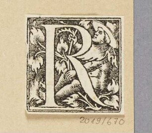 Buchstabe R mit Mann und Pflanzen, Initiale zu einem römischen Majuskel-Alphabet