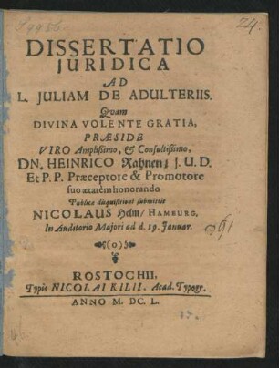 Dissertatio Iuridica Ad L. Iuliam De Adulteriis