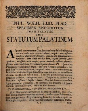 Specimen Anecdoton Juris Palatini Statutarii De Successione Ab Intestato Ante Statutum Palatinum : Ubi Simul Origo Legum Palatinarum Inquiritur, Et Fata Juris Civilis Romani In Palatinatu Exponuntur