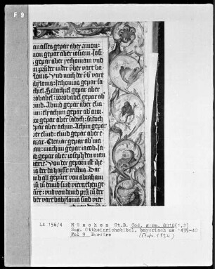 Ottheinrichsbibel — Buchseite mit historisierte Initialer und Bordüre, Folio 9recto — Bordüre mit Mönch und Affe, Folio 9recto