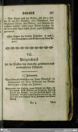 VII. Verzeichniß der im Treffen bey Lowositz getödteten und verwundeten Offiziers