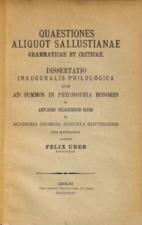 Quaestiones aliquot Sallustianae grammaticae et criticae