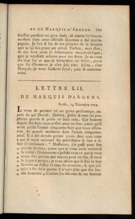 121-141, Lettre LII. du Marquis D'Argens.-Lettre LXI. du Marquis D'Argens.