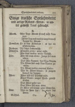 Einige teutsche Sprüchwörter und artige Redens-Arten / so unter gewisse Titul gebracht.