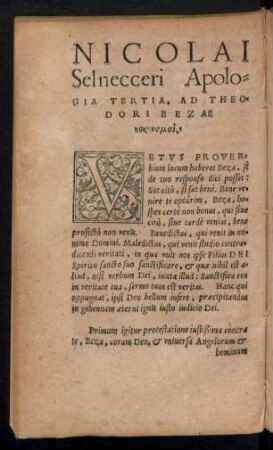 Nicolai Selnecceri Apologia Tertia, Ad Theodori Bezae ...