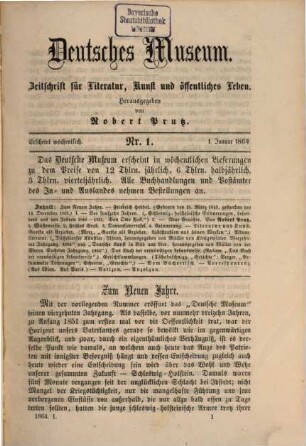 Deutsches Museum : Zeitschrift für Literatur, Kunst u. öffentliches Leben. 14,[1] = Nr. 1 - 26. 1864