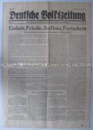 Tageszeitung der KPD "Deutsche Volkszeitung" zum Auftakt der Vereinigungsparteitage von KPD und SPD in Berlin