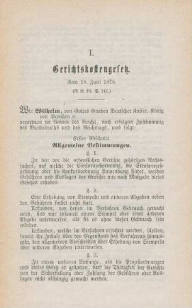 I. Gerichtskostengesetz. Vom 18. Juni 1878.