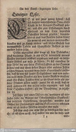 An den Kunst=begierigen Leser.