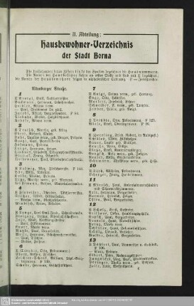 II. Abteilung. Häuserbuch : II. Abteilung. Hausbewohner-Verzeichnis der Stadt Borna