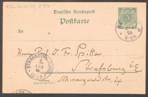 Postkarte an Friedrich Spitta : 03.04.1896
