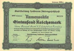 Namensaktie der Stadtsiedlung Nr. 209 über 1000 RM, ausgestellt für Fa. Heinrich Knoch AG Lederfabrik, Hirschberg
