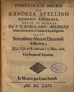 Panegirico sagro del B. Andrea Avellino