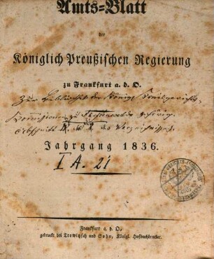 Amtsblatt der Regierung zu Frankfurt a.d. Oder. 1836