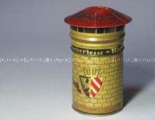 Blechdose für "Nürnberger Lebkuchen Haeberlein-Metzger A.G. Nürnberg" in Form eines Turmes der Nürnberger Stadtmauer