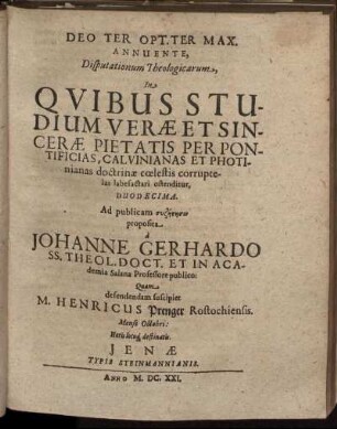 ... Disputationum Theologicarum ... Duodecima.