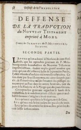 Dèffense De La Traduction du Nouveau Testament, imprimé à Mons. Seconde Partie