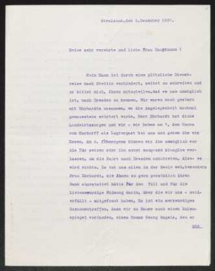 Brief von Hildegard Haussmann an Margarete Hauptmann