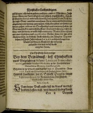 Ein Christliche Leichpredigt/ Bey dem Begräbnuß/ deß Ehrnhafften unnd Wolgelahrten Adami Loniceri Francofurtensis [...]