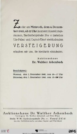 Auktionshaus Dr. Walther Achenbach: [Gemälde, Mobiliar, Perserteppiche] : Versteigerung 4. Dezember 1940