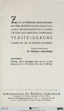 Auktionshaus Dr. Walther Achenbach: [Gemälde, Mobiliar, Perserteppiche] : Versteigerung 4. Dezember 1940