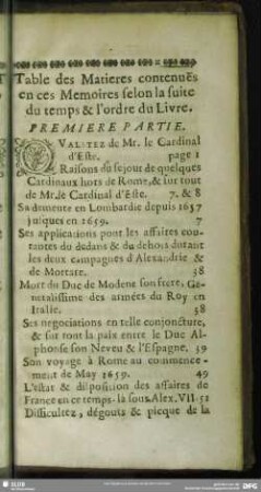 Table des Matieres contenues en ces Memoires selon la suite du temps & ordre du Livre