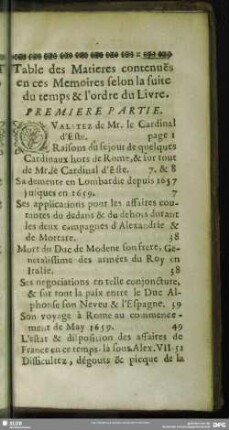 Table des Matieres contenues en ces Memoires selon la suite du temps & ordre du Livre