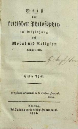 Geist der kritischen Philosophie, in Beziehung auf Moral und Religion dargestellt. 1