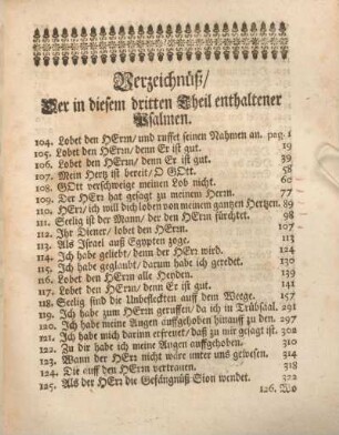 Verzeichnüß, Der in diesem dritten Theil enthaltener Psalmen.