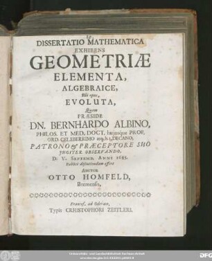Dissertatio Mathematica Exhibens Geometriae Elementa, Algebraice, Ubi opus, Evoluta