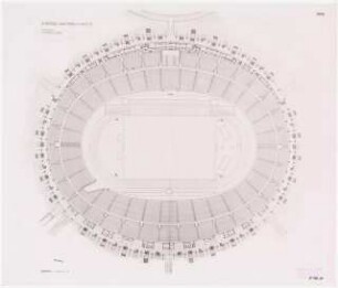 Stadion Oberwiesenfeld, München: Mappe »Wettbewerb Stadion München, Entwurf Professor Werner March«. Grundriss 3. Obergeschoss (Presse) und Aufsicht auf Mittelring, ca. 1:660